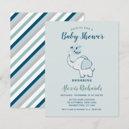 Invitation Navy Blue & Mint Cute Elephant Baby shower à thème