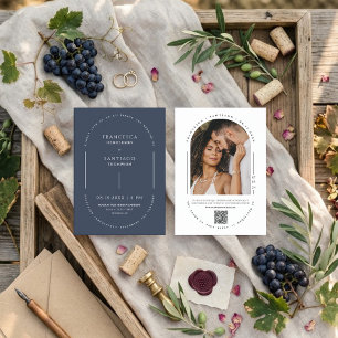 Invitation Navy Blue Modern Arch QR Code Photo Boho Wedding 