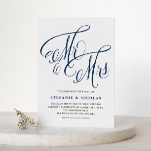 Invitation Navy Blue Mrs & Mrs Rustic Script QR Code Mariage