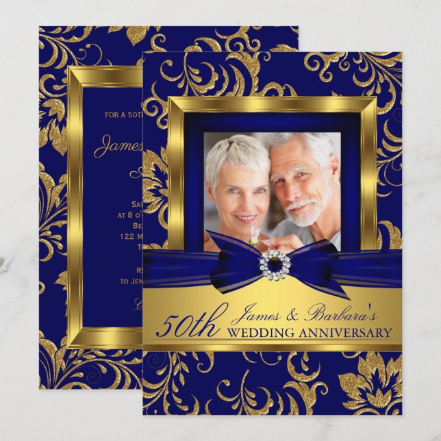 Invitation Navy Blue Or Photo 50e Anniversaire de Mariage (Devant / Derrière)