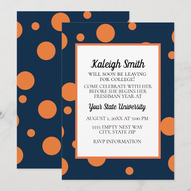 Invitation Navy Blue Orange Dots College Trunk Party (Devant / Derrière)
