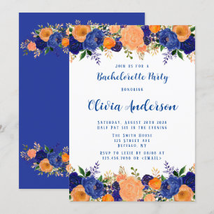 Invitation Navy Blue Orange Floral Bachelorette Party Invitat