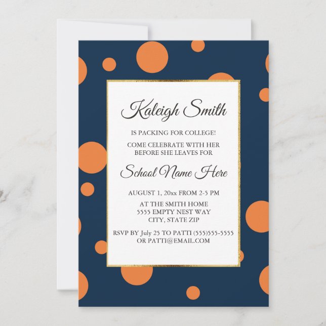Invitation Navy Blue Orange Polka Dot College Trunk Party (Devant)