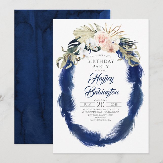 Invitation Navy Blue Pampas Herbe Tropical Anniversaire (Devant / Derrière)