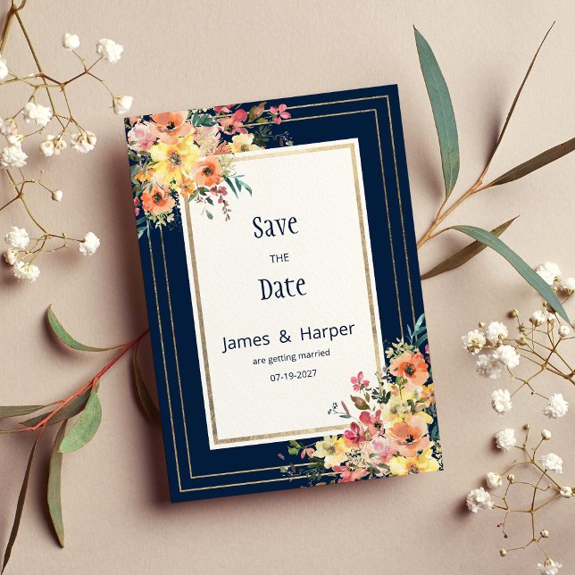 Invitation Navy blue pink orange gold floral Save the Date (Navy blue pink orange gold floral Save the Date)