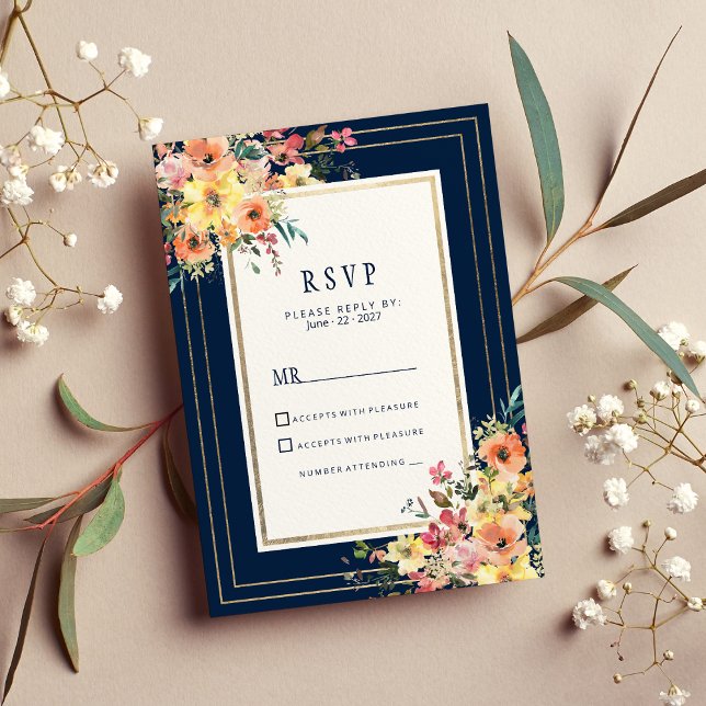 Invitation Navy blue pink orange gold floral spring RSVP (Navy blue pink orange gold floral spring RSVP)