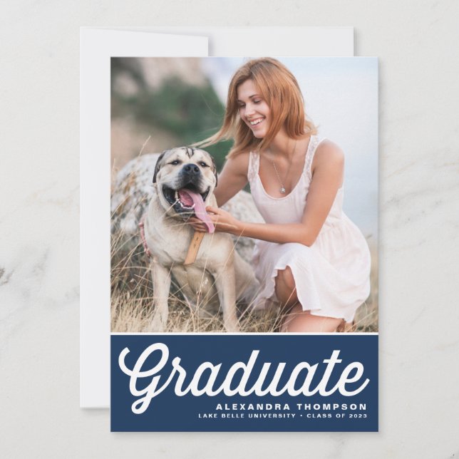 Invitation Navy Blue Retro Bold Typographie Photo Graduation (Devant)