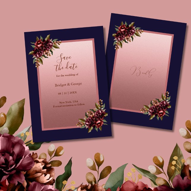 Invitation Navy Blue Rose Gold Floral wedding Save the Date (Créateur téléchargé)