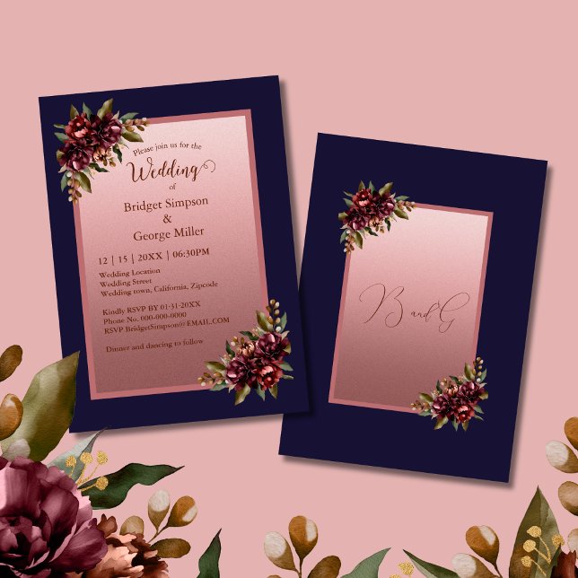 Invitation Navy Blue Rose Gold Script Burgundy floral wedding (Créateur téléchargé)