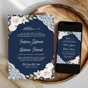 Invitation Navy Blue Roses Blanches Dentelle Mariage Musulman