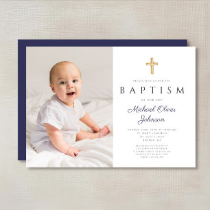 Invitation Navy Blue Script Cross Boy Photo Baptême