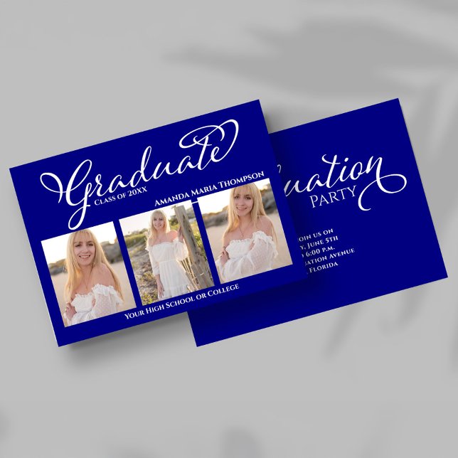 Invitation Navy Blue Script Photo Collage Graduation Card (Navy blue script graduation photo collage announcement with three senior portraits.)