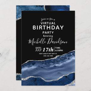 Invitation Navy Blue & Silver Agate Virtual Birthday Invitati