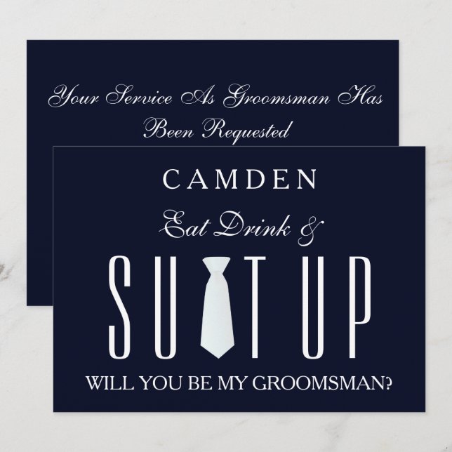 Invitation Navy Blue Suitup Serez-vous mon groom ? (Devant / Derrière)