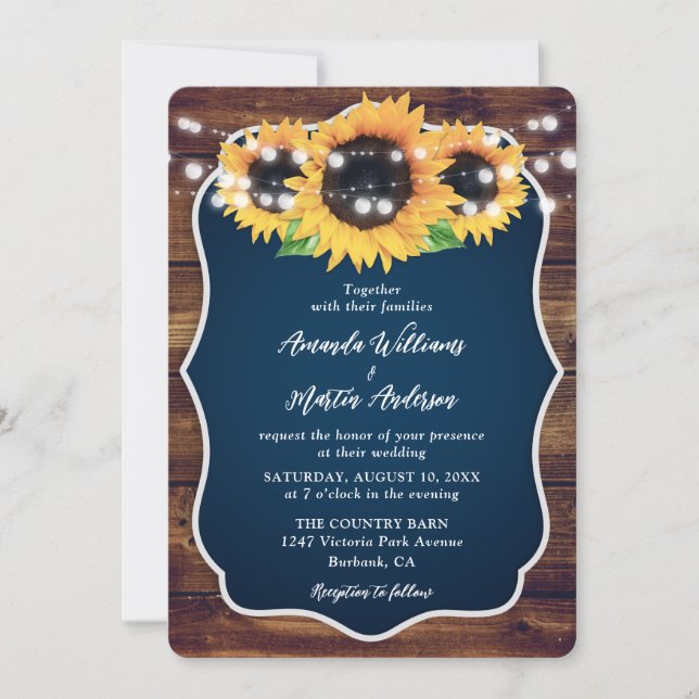 Invitation Navy Blue Sunflower Rustic Wood Wedding (Devant)