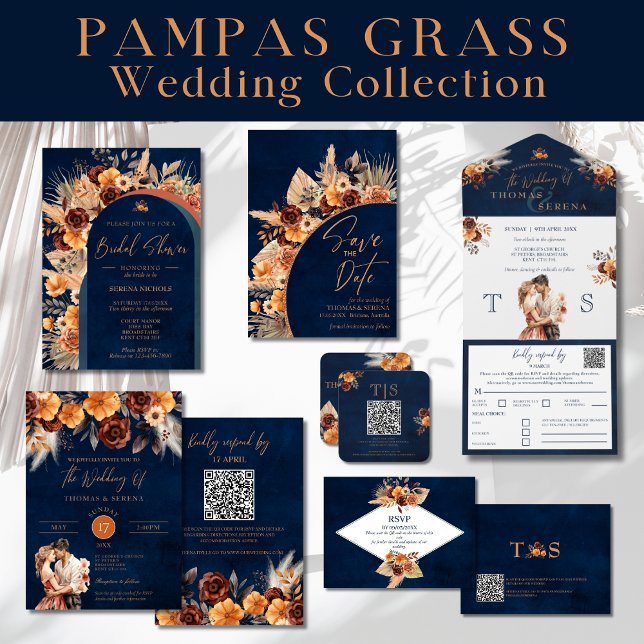 Invitation Navy Blue & Terracotta Code QR Enregistrer La Date (Créateur téléchargé)