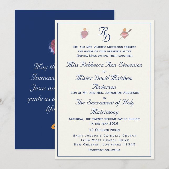 Invitation Navy-Blue Two Hearts Catholic Wedding  (Devant / Derrière)