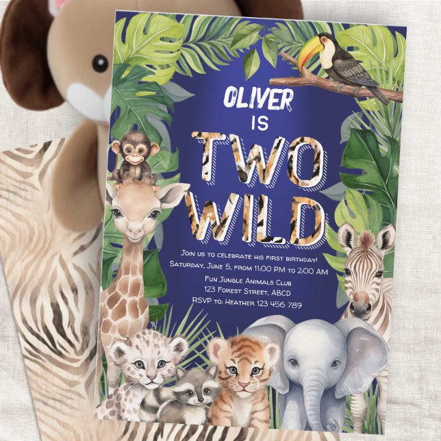Invitation Navy Blue Two Wild Jungle Safari 2ème anniversaire (Navy Blue Two Wild Boy 2nd Birthday Invitation, Safari Themed Jungle animals birthday invite.)