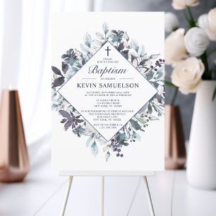 Invitation Navy Blue Watercolor Baptism Christening Boy