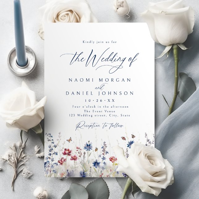 Invitation Navy Blue Watercolor Wildflower Field Wedding (Navy Blue Watercolor Wildflower Field Wedding Invitation)