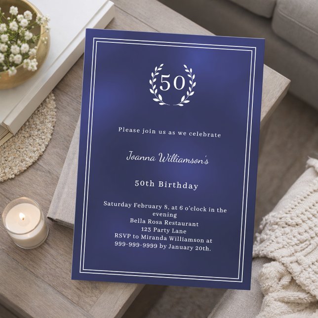 Invitation Navy blue white wreath minimalist birthday (Créateur téléchargé)