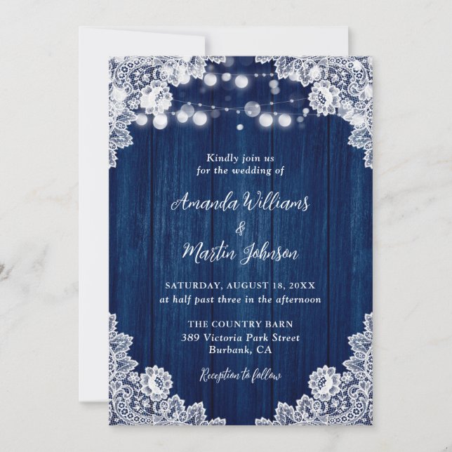 Invitation Navy Blue Wood Lace Romantic Rustic Chic Wedding (Devant)