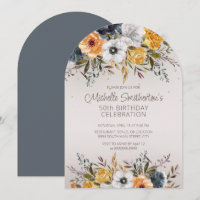 Navy Blue Yellow Floral Glitter 50e Anniversaire