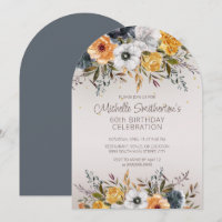 Navy Blue Yellow Floral Glitter 60e Anniversaire