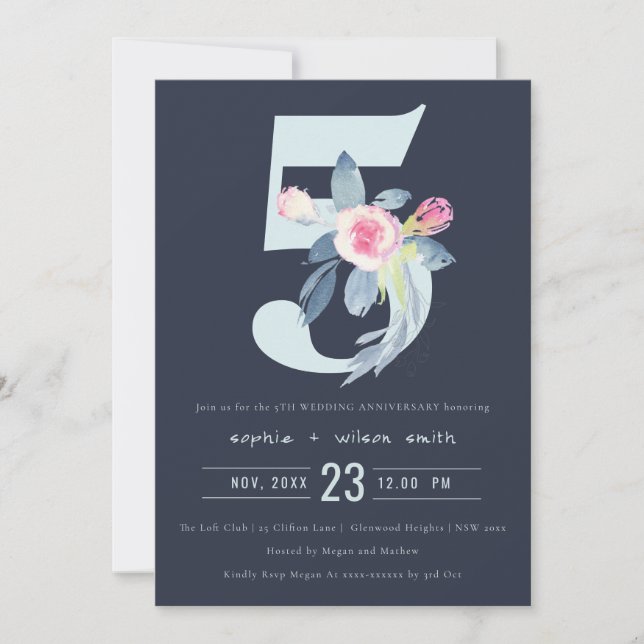 INVITATION NAVY BLUSH BLEU FLORAL 5ÈME ANNIVERSAIRE TOUTE ANN (Devant)