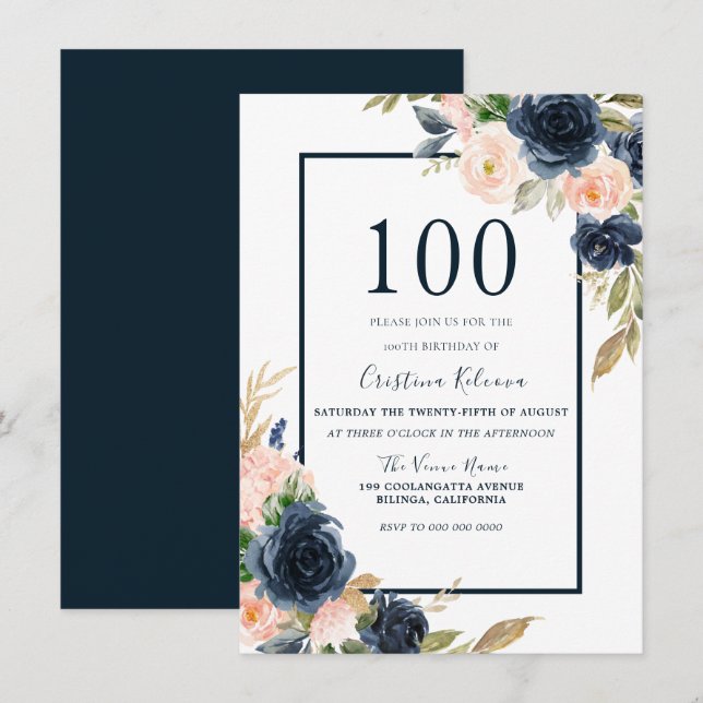 Invitation Navy & Blush Floral Élégant 100e fête d'anniversai (Devant / Derrière)