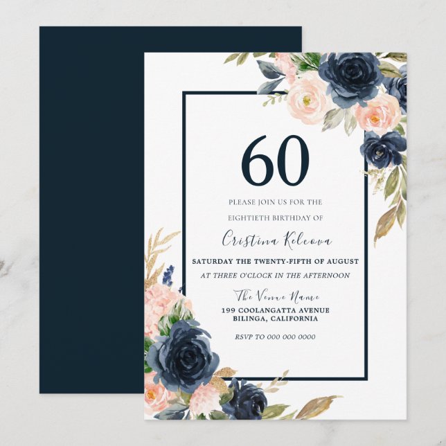 Invitation Navy & Blush Floral Élégant 60e anniversaire fête (Devant / Derrière)