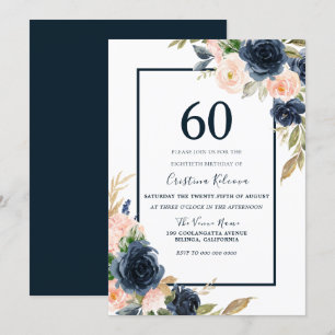Invitation Navy & Blush Floral Élégant 60e anniversaire fête