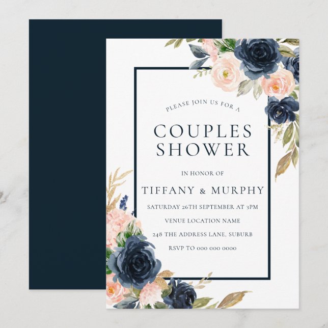 Invitation Navy & Blush Floral Élégant Shower de Couple (Devant / Derrière)