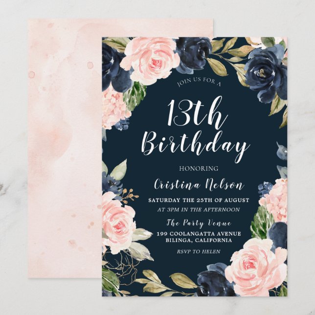 Invitation Navy Blush Floral Girls Boys 13e fête d'anniversai (Devant / Derrière)