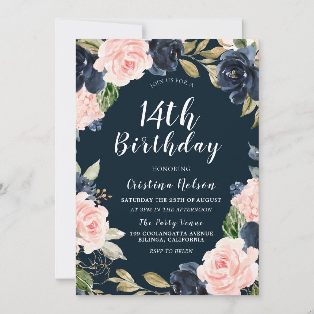 Invitation Navy Blush Floral Girls Boys 14e fête d'anniversai (Devant)