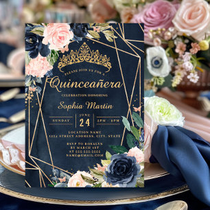Invitation Navy Blush Floral Papillon Géométrique Quinceanera