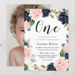 Invitation Navy Blush Flowers 1er anniversaire fête garçon ou