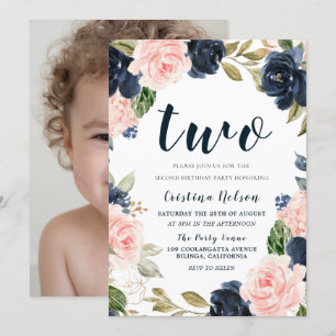 Invitation Navy Blush Flowers 2e fête d'anniversaire garçon o