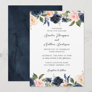 Invitation Navy Blush Rose Élégant Botanique Floral Mariage