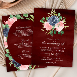 Invitation Navy Blush Rose Floral Combinaison Mariage Bordeau