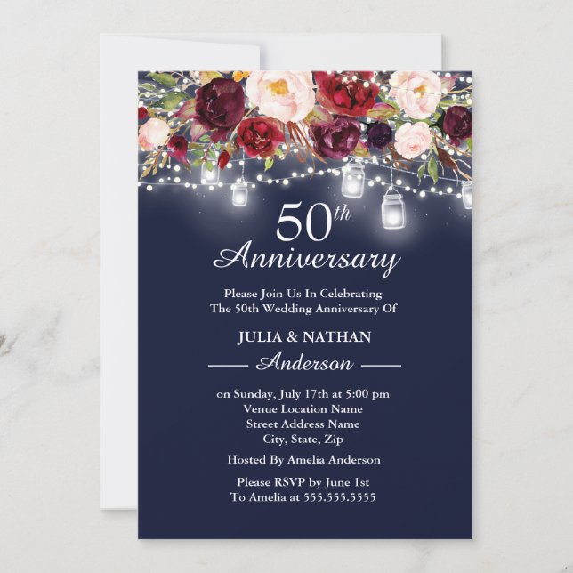Invitation Navy Bourgogne Fleurs Lumineuses 50e Anniversaire (Devant)