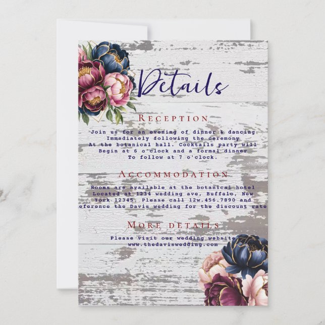 Invitation Navy Burgundy Blush Pink Peony Détails du Mariage (Devant)