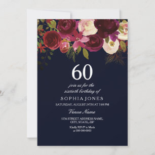 Invitation Navy & Burgundy Flowers 60e anniversaire Invitatio