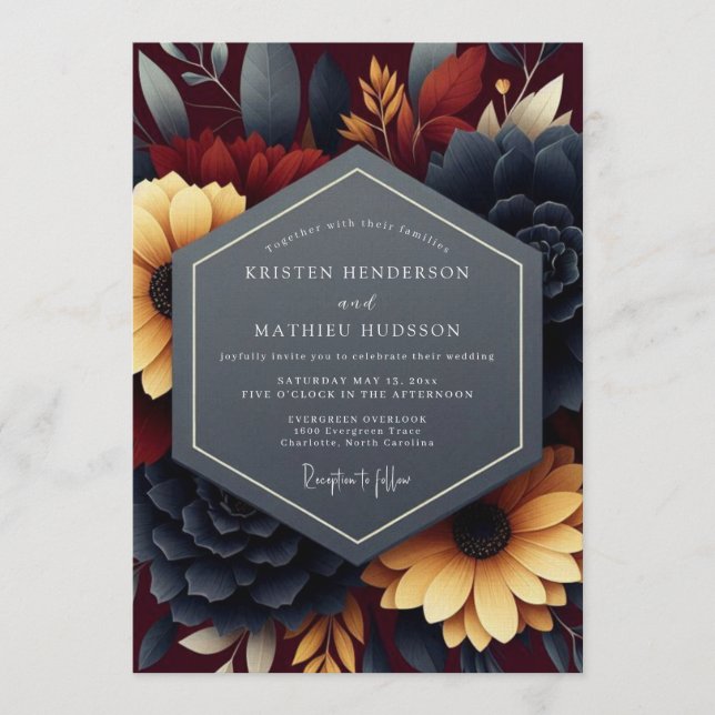 Invitation Navy Burgundy Moody Autumnal Wedding (Devant)