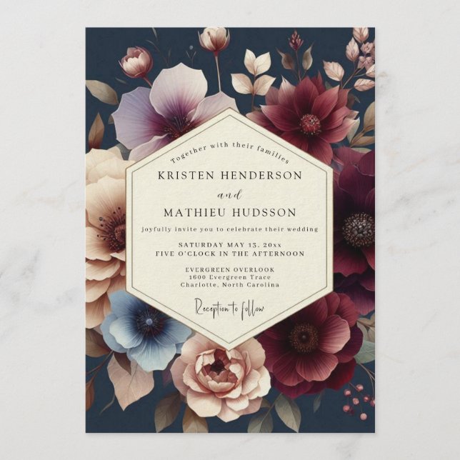 Invitation Navy Burgundy Moody Bloom Wedding (Devant)