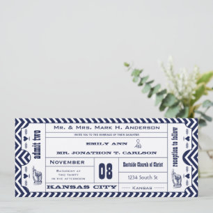 Invitation Navy Chevron Zig Zag Vintage Modern Ticket Mariage