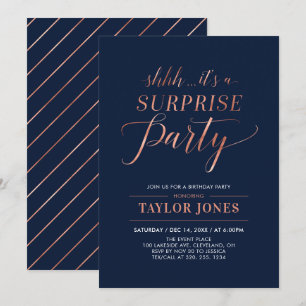 Invitation Navy & Cuivre   Moderne Fête d'anniversaire surpri