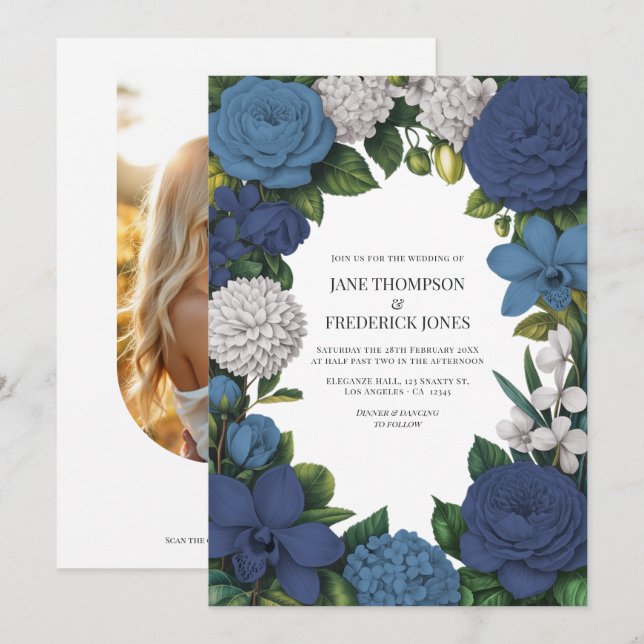 Invitation Navy, Dusty Blue & Silver Floral Wedding (Devant / Derrière)