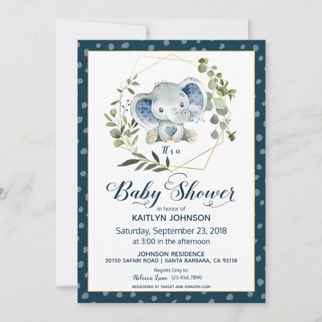 Invitation Navy Elephant Baby shower moderne (Devant)