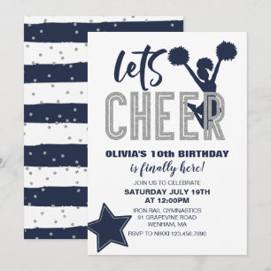 Invitation Navy et argent Cheerleading Joyeux Anniversaire